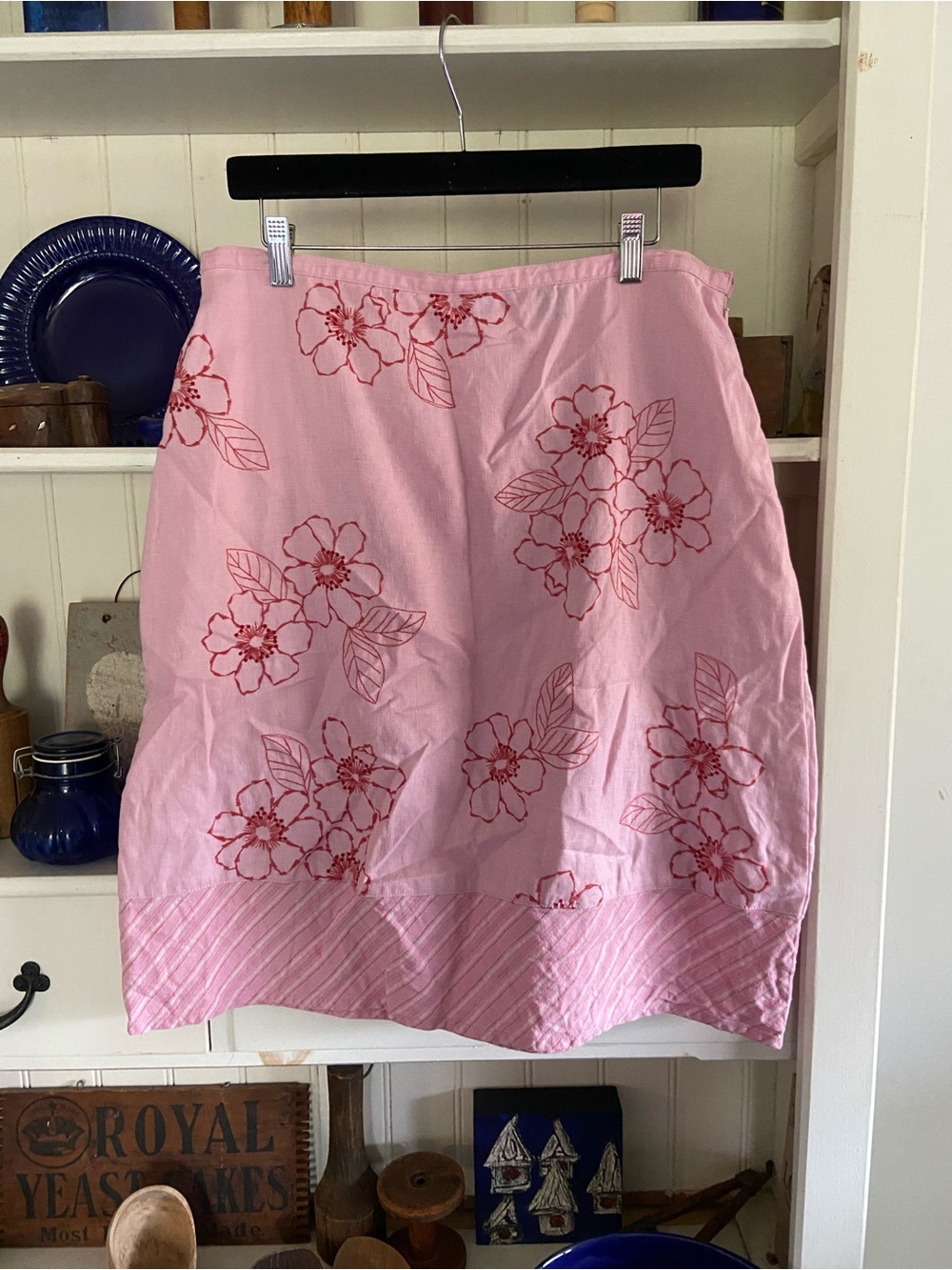 Eddie Bauer Pink Linen Top with Red Floral Embroidery
